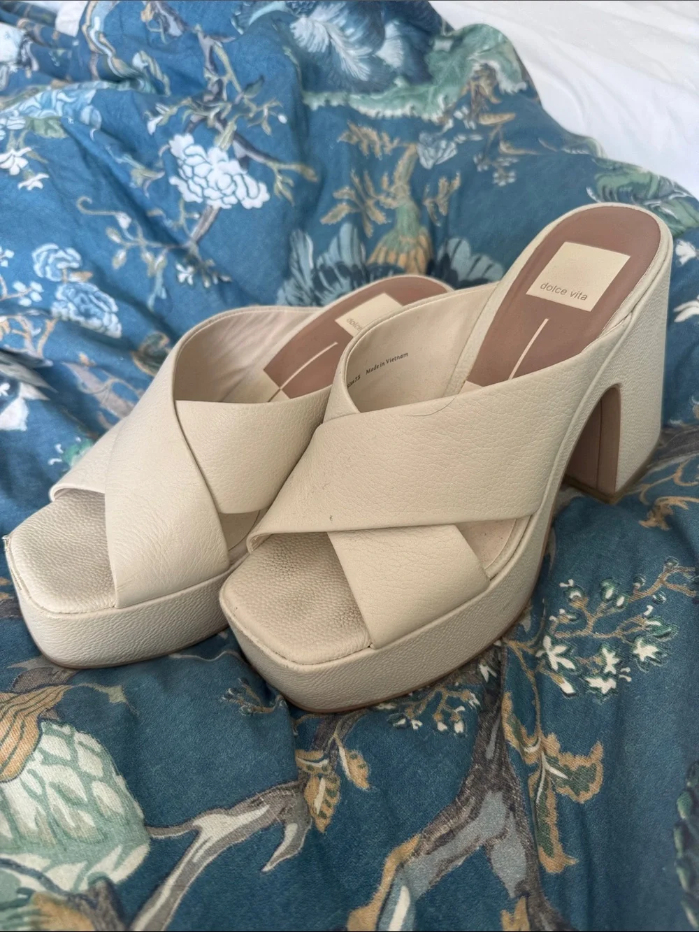 Dolce Vita Cream Cross-Strap Platform Mule Heels